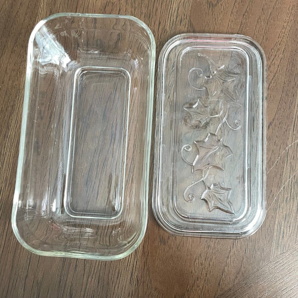 Vintage Hazel Atlas Clear Refrigerator Dish Ivy Pattern Glass Lid Storage READ